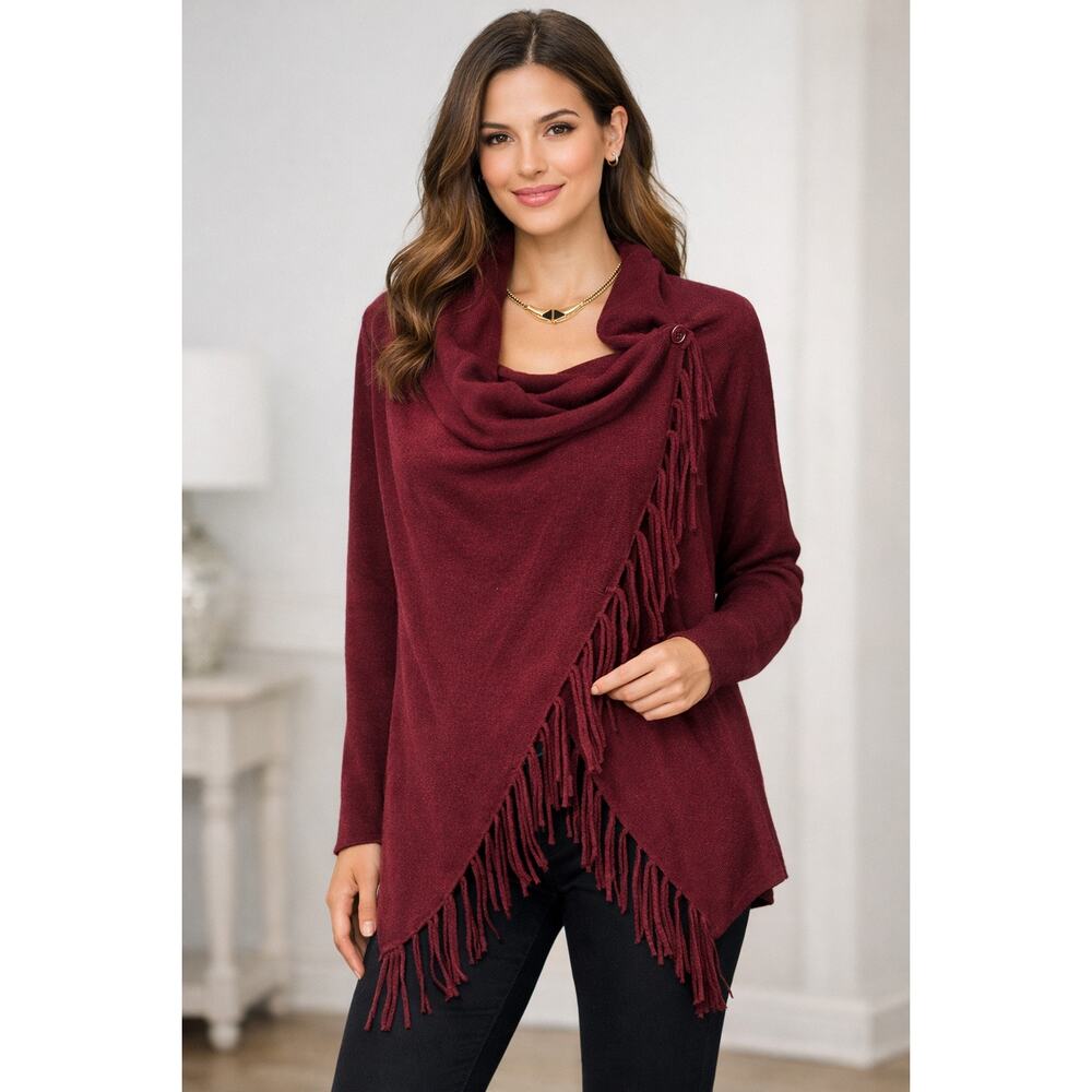 2SABLE NEW WITH TAGS Burgundy Fringe Wrap Sweater Poncho Cape Size S